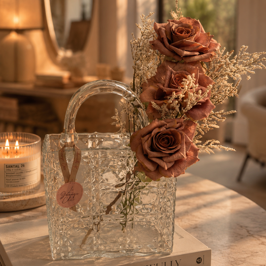 Luxury Glass Flower Bag Vessel – Premium Floral Couture Arrangement