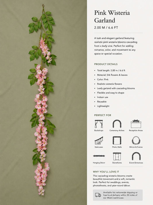 Premium Real-Touch Pink Wisteria Flower Garland (6.6ft) – Cascading Artificial Vine