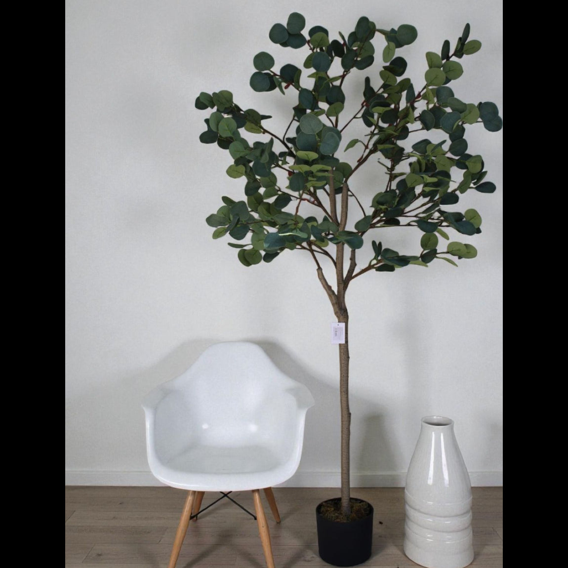 Potted plant next to a white chair and decorative vase against a plain wall.