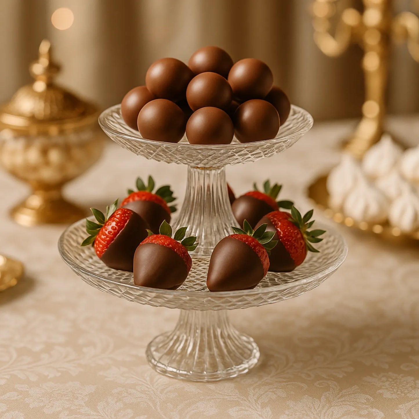 Chocolate-covered strawberries and truffles on a decorative stand with a blurred background