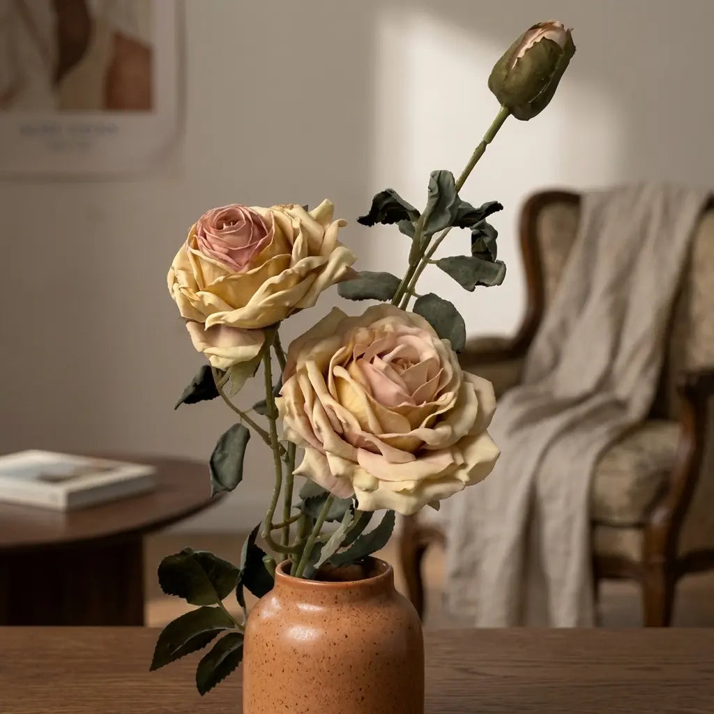 Triple Bloom Artificial Rose Stem - Vintage Pink & Cream | Le Garage Chic