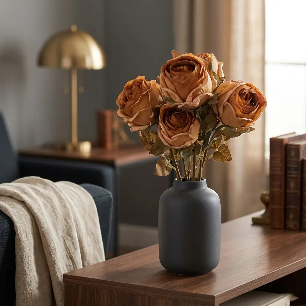 Artificial Rose Stem Bouquet – Rustic Terracotta & Burgundy Floral Decor