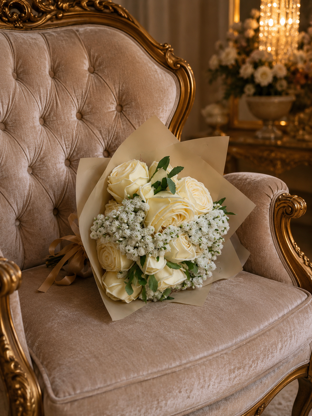 Real Touch Rose Bouquet – Luxury Ivory & Blush Arrangement | 25cm Premium Floral Decor
