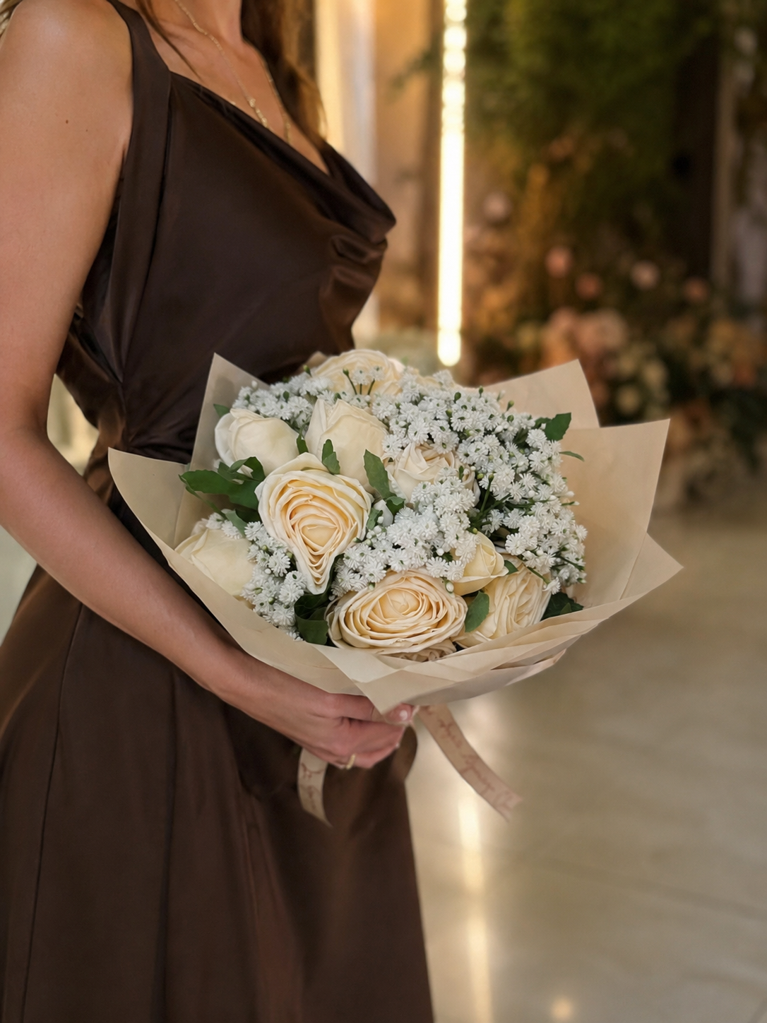 Real Touch Rose Bouquet – Luxury Ivory & Blush Arrangement | 25cm Premium Floral Decor