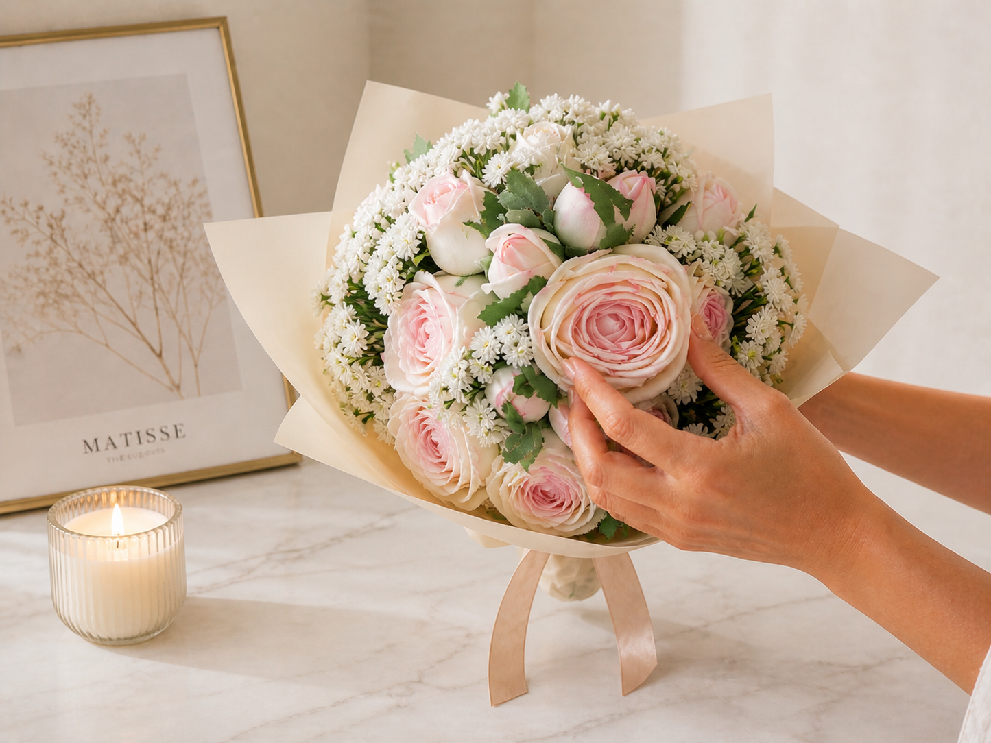 Real Touch Rose Bouquet – Luxury Ivory & Blush Arrangement | 25cm Premium Floral Decor