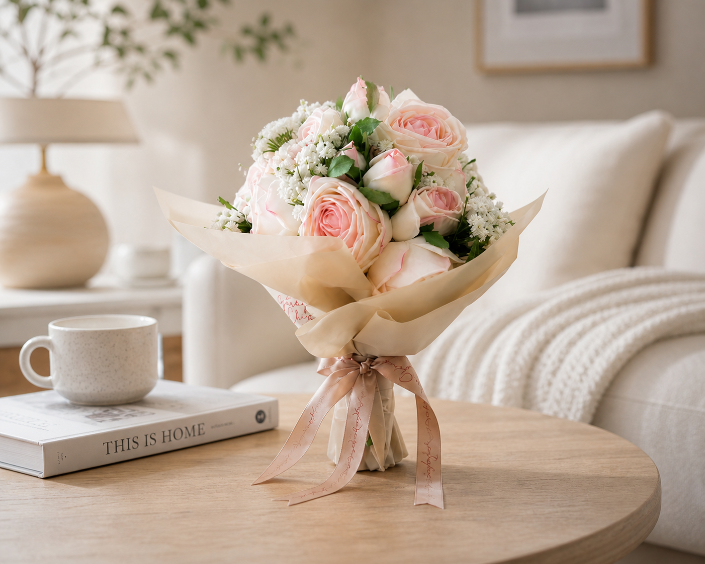 Real Touch Rose Bouquet – Luxury Ivory & Blush Arrangement | 25cm Premium Floral Decor