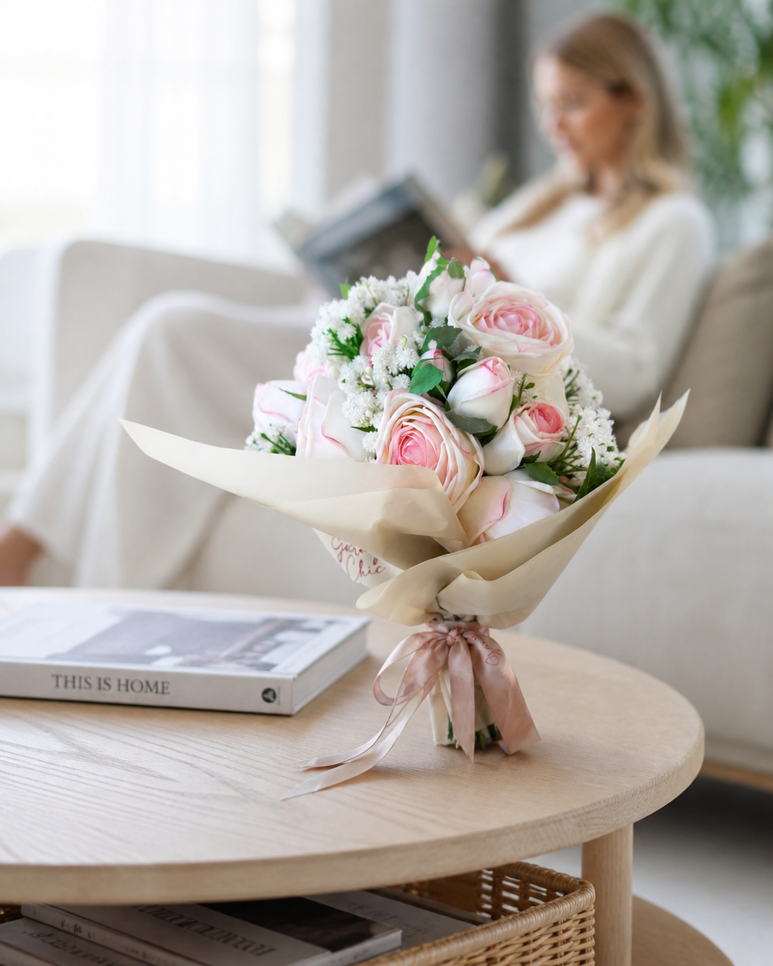 Real Touch Rose Bouquet – Luxury Ivory & Blush Arrangement | 25cm Premium Floral Decor