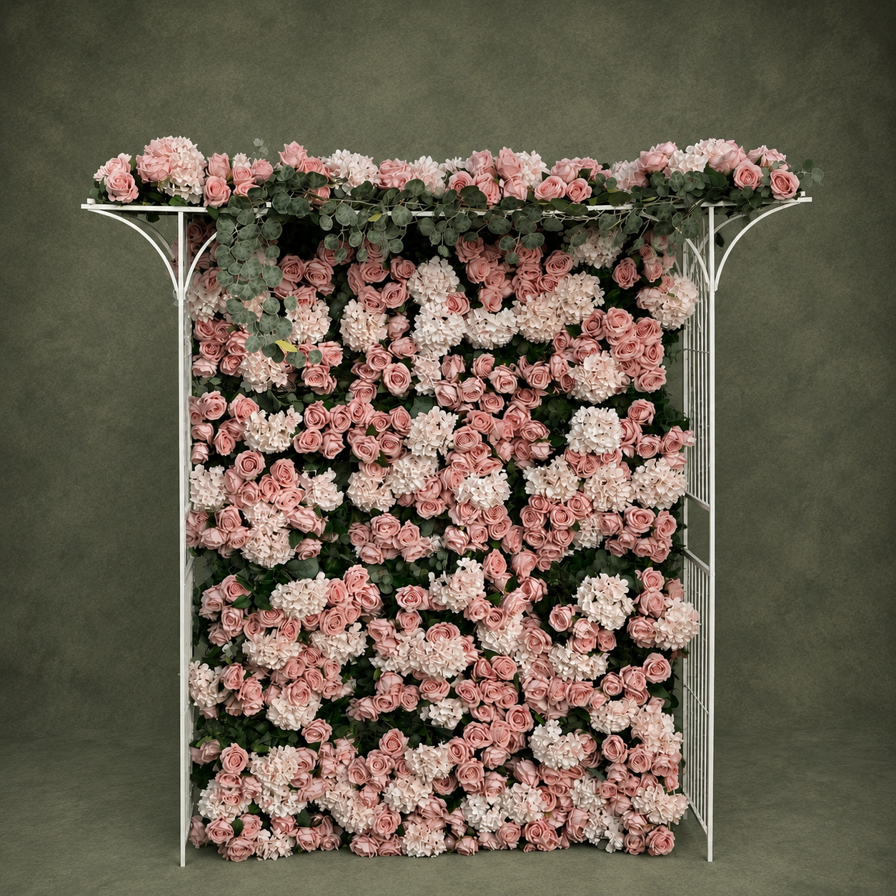 Modular Floral Event Arch with 16 Premium Rose Panels & Eucalyptus Garland