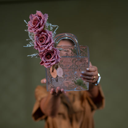 Luxury Glass Flower Bag Vessel – Premium Floral Couture Arrangement