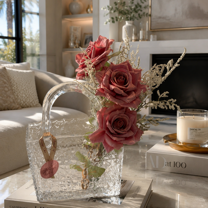 Luxury Glass Flower Bag Vessel – Premium Floral Couture Arrangement