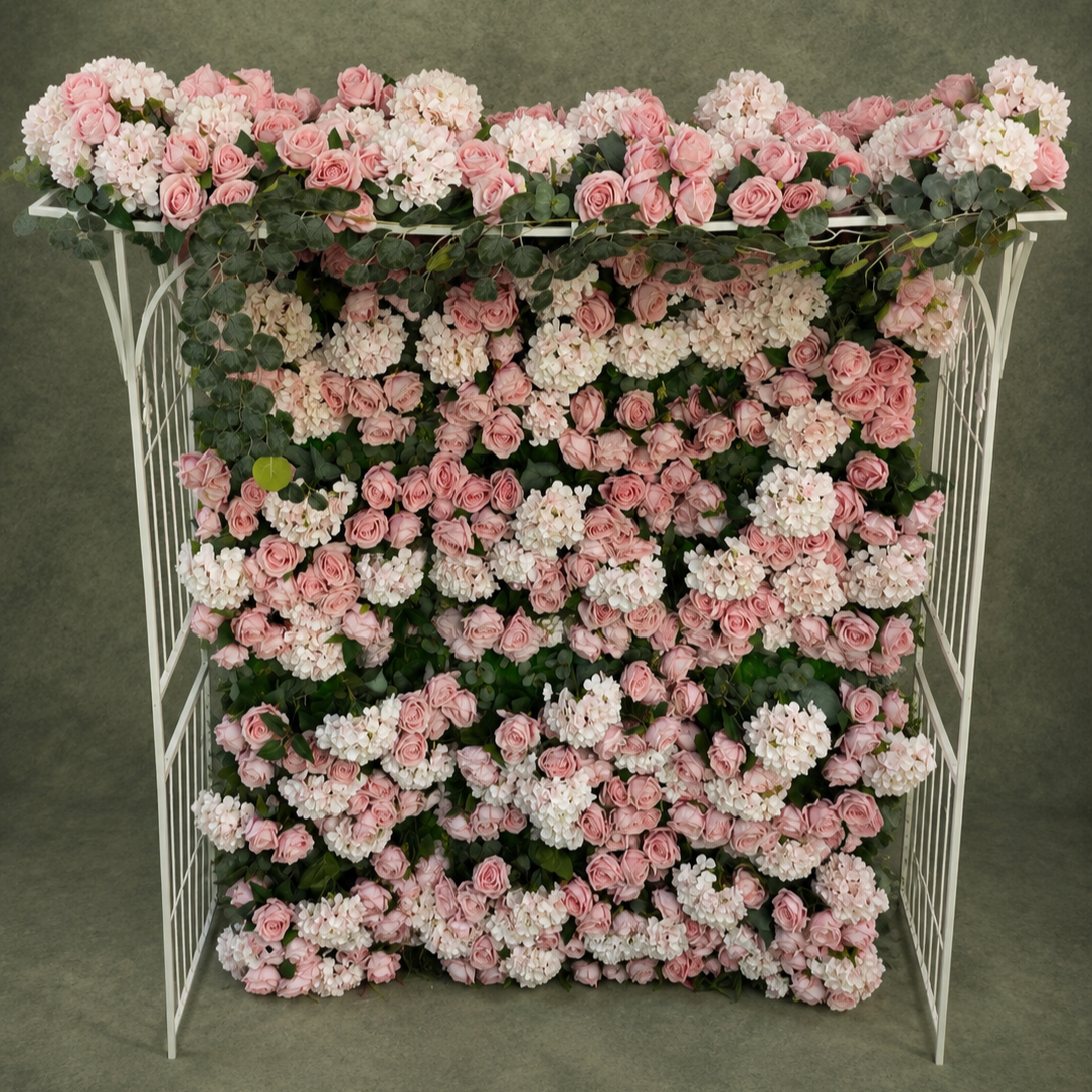 Modular Floral Event Arch with 16 Premium Rose Panels & Eucalyptus Garland