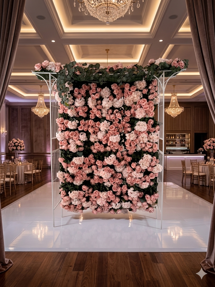 Modular Floral Event Arch with 16 Premium Rose Panels & Eucalyptus Garland