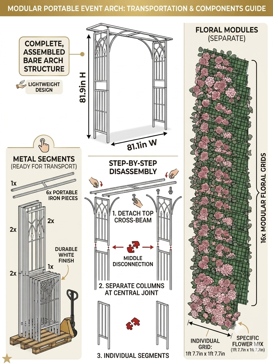 Modular Floral Event Arch with 16 Premium Rose Panels & Eucalyptus Garland