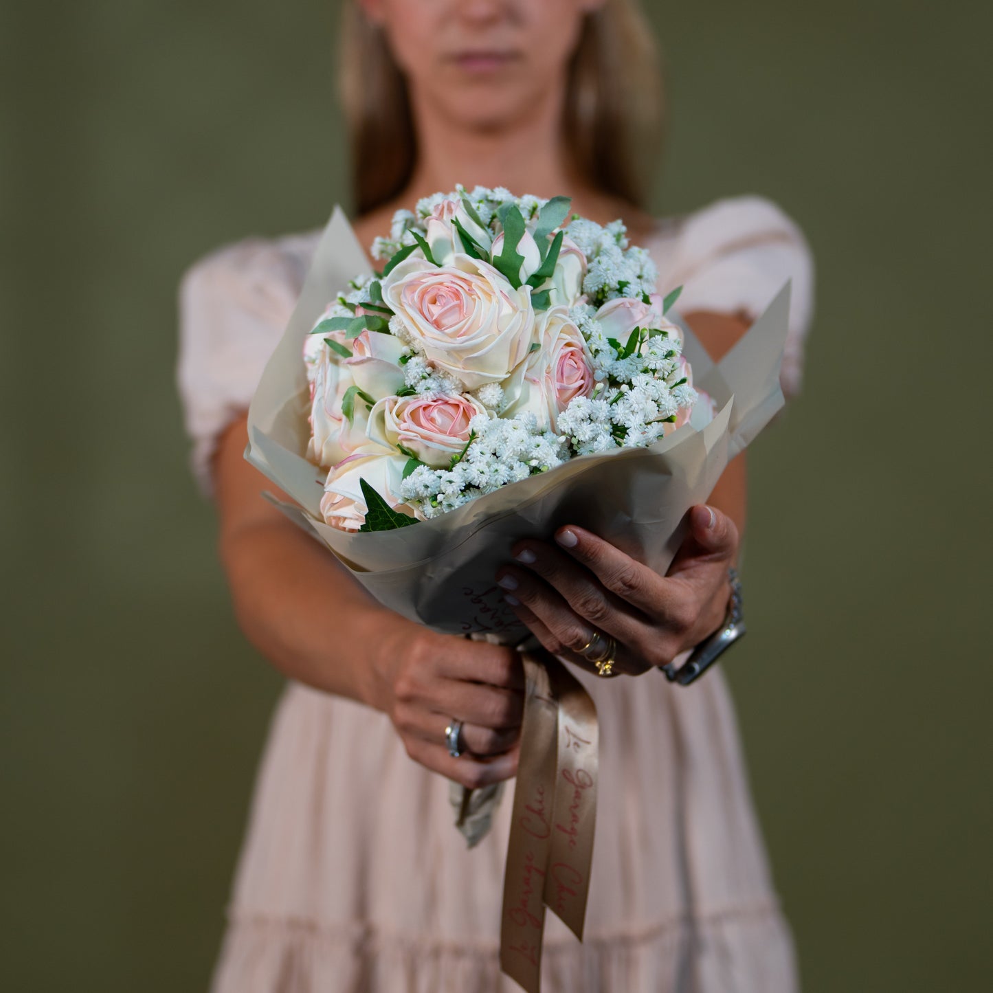 Real Touch Rose Bouquet – Luxury Ivory & Blush Arrangement | 25cm Premium Floral Decor