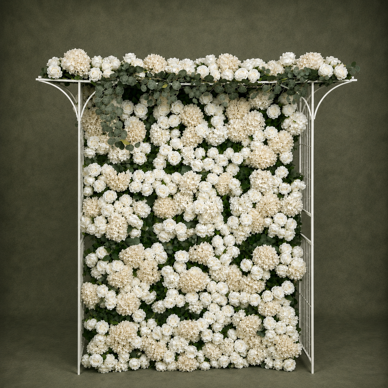 Modular Floral Event Arch with 16 Premium Rose Panels & Eucalyptus Garland