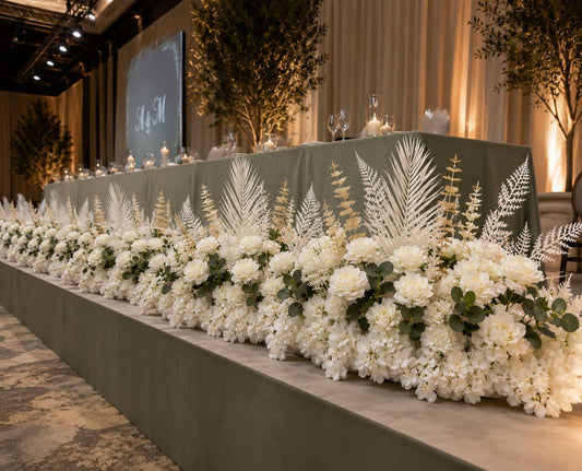 The Alabaster Runway: Premium Artificial White Floral Line Stage Installation