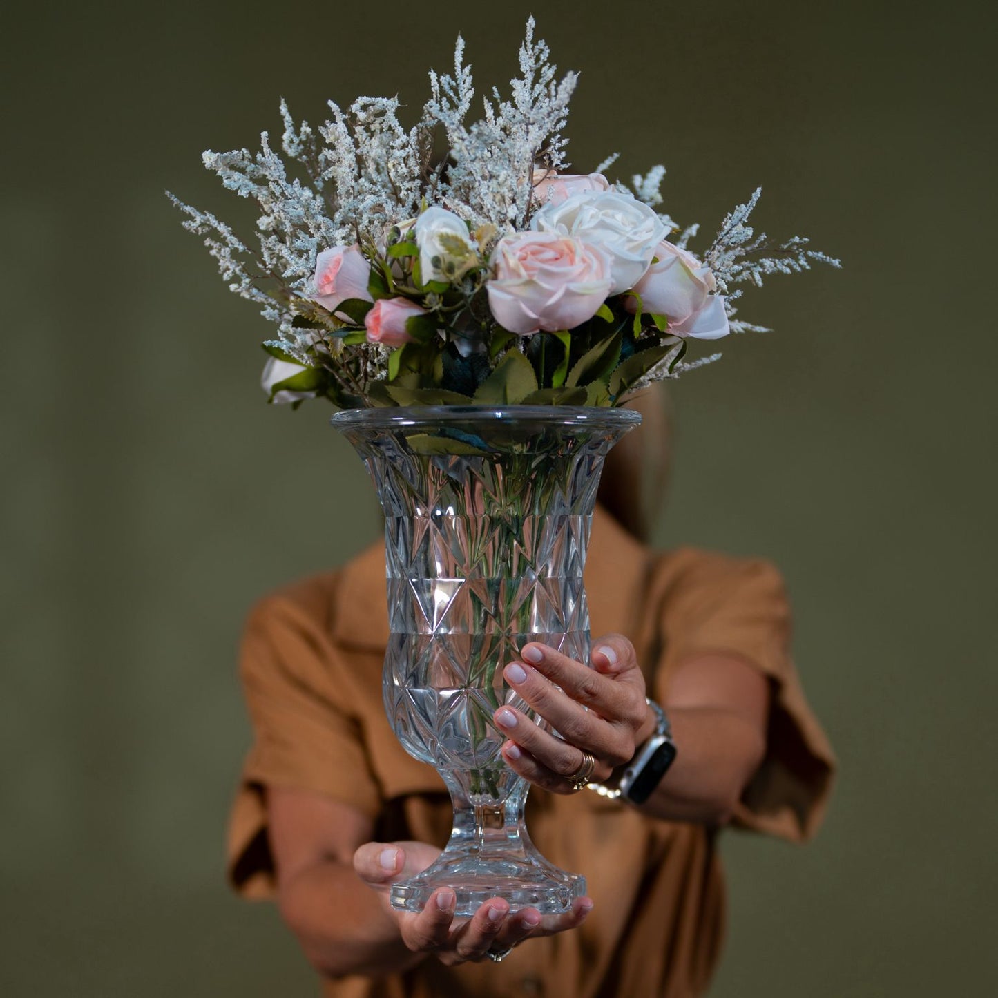 Blush Rose Arrangement in Crystal Pedestal Vase – Luxury Artificial Floral Centerpiece