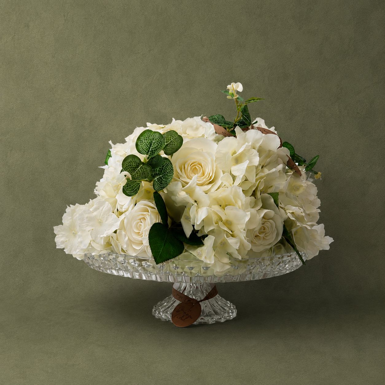 Luxury White Hydrangea & Rose Centerpiece in Crystal Pedestal Bowl