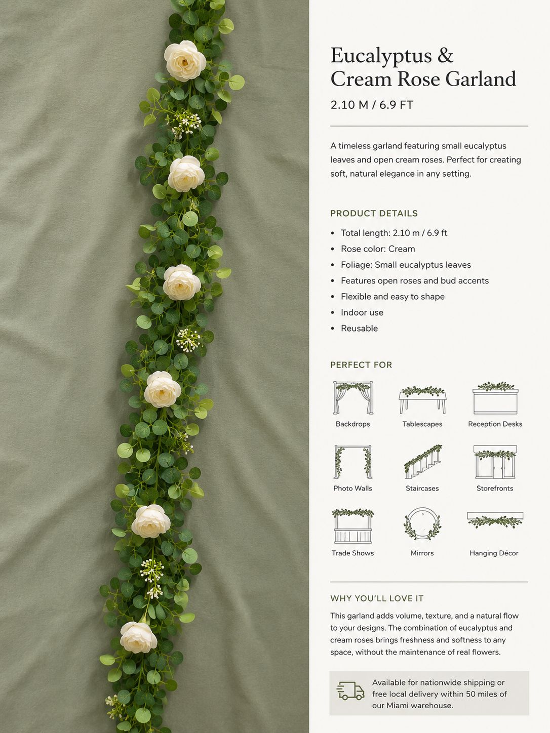 Cream Rose & Eucalyptus Garland – 6.9 ft | Artificial Floral Vine