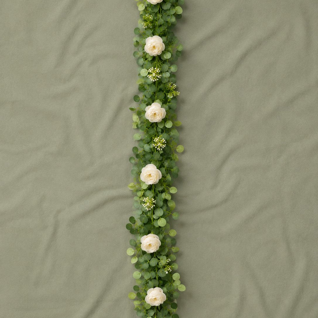 Cream Rose & Eucalyptus Garland – 6.9 ft | Artificial Floral Vine