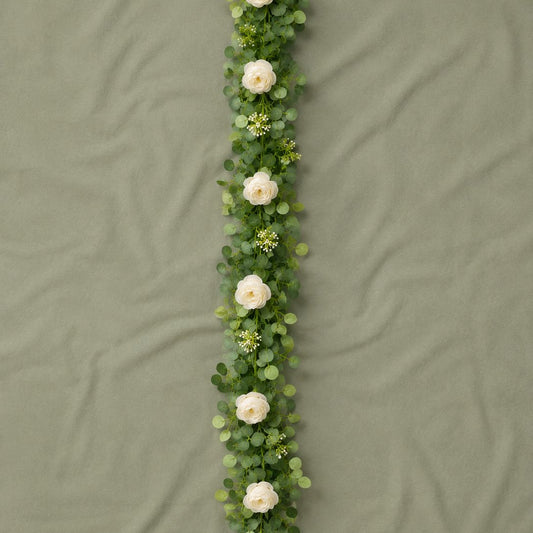 Premium Real-Touch Cream Rose & Eucalyptus Garland (2m) – Luxury Faux Floral Runner