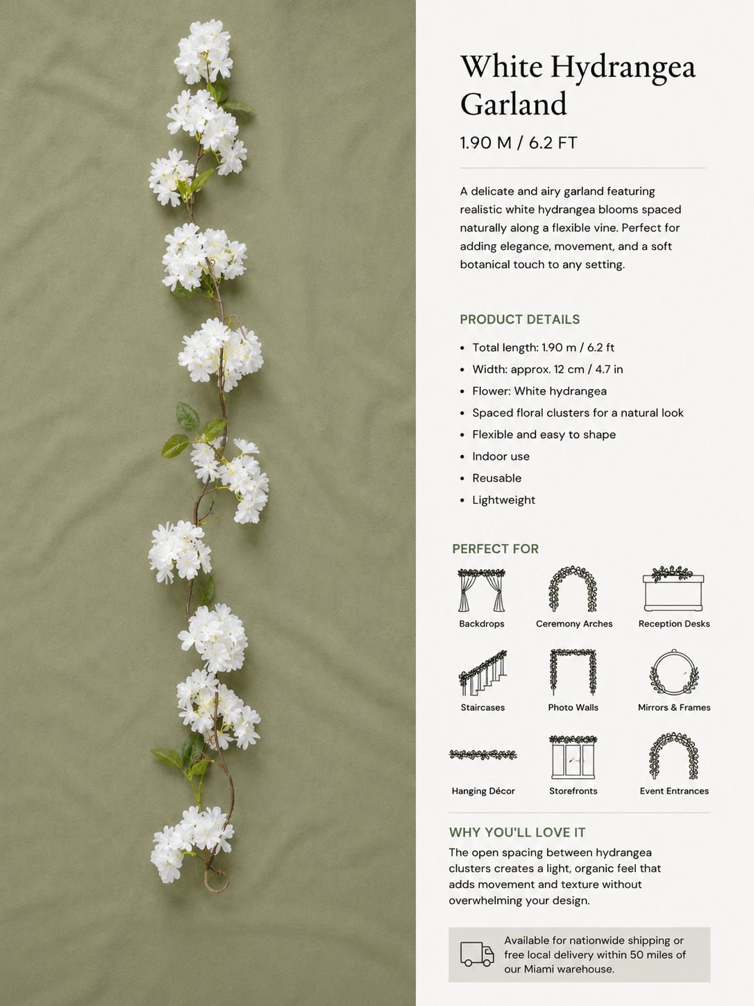White & Pink Hydrangea Garland – 6.2 ft | Artificial Floral Vine