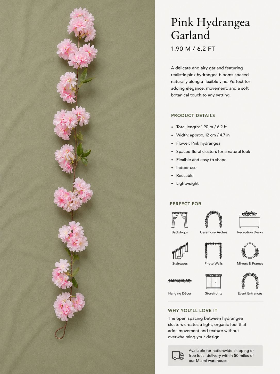 White & Pink Hydrangea Garland – 6.2 ft | Artificial Floral Vine