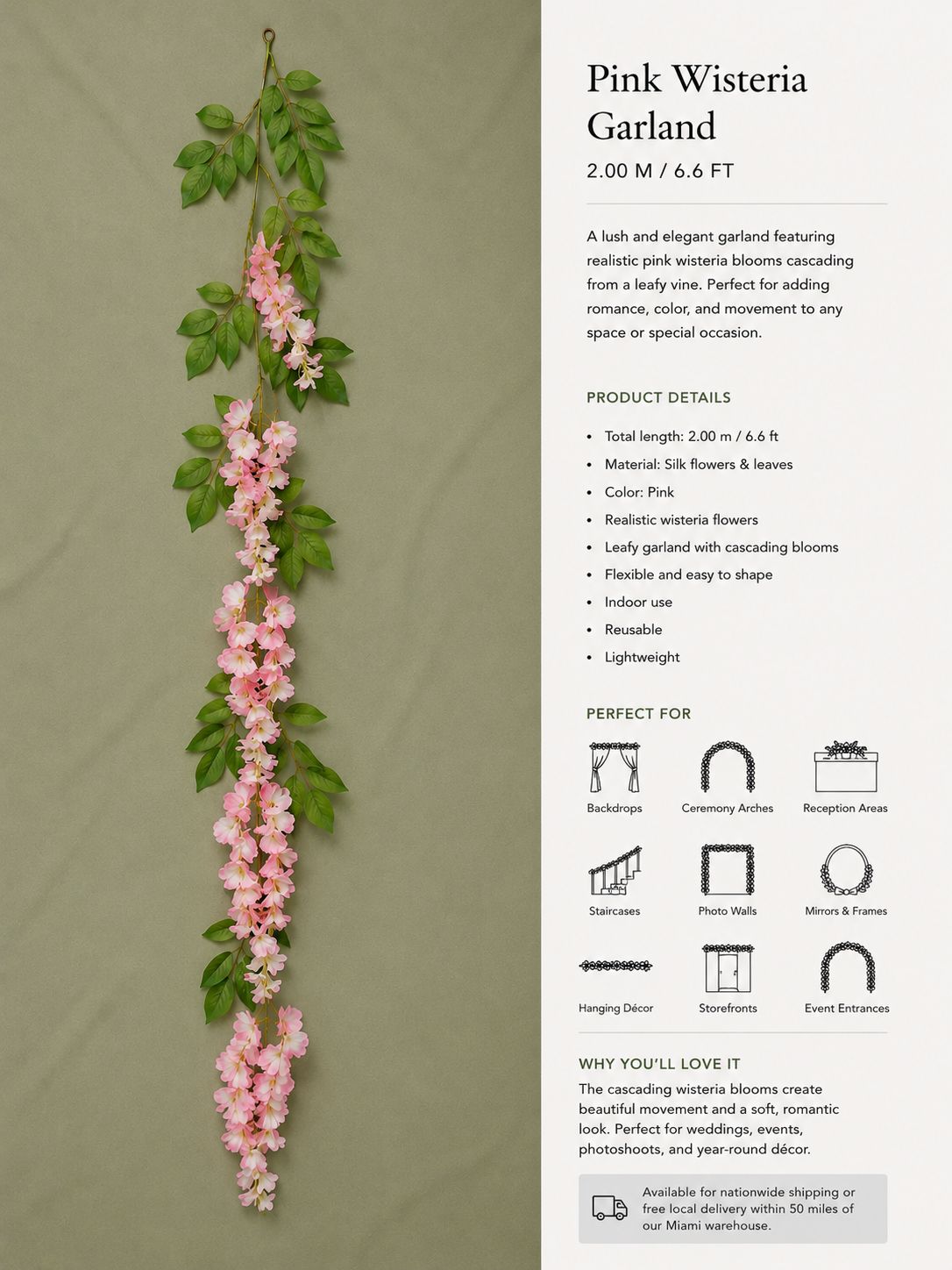Pink Wisteria Garland – 6.6 ft | Artificial Hanging Floral Vine