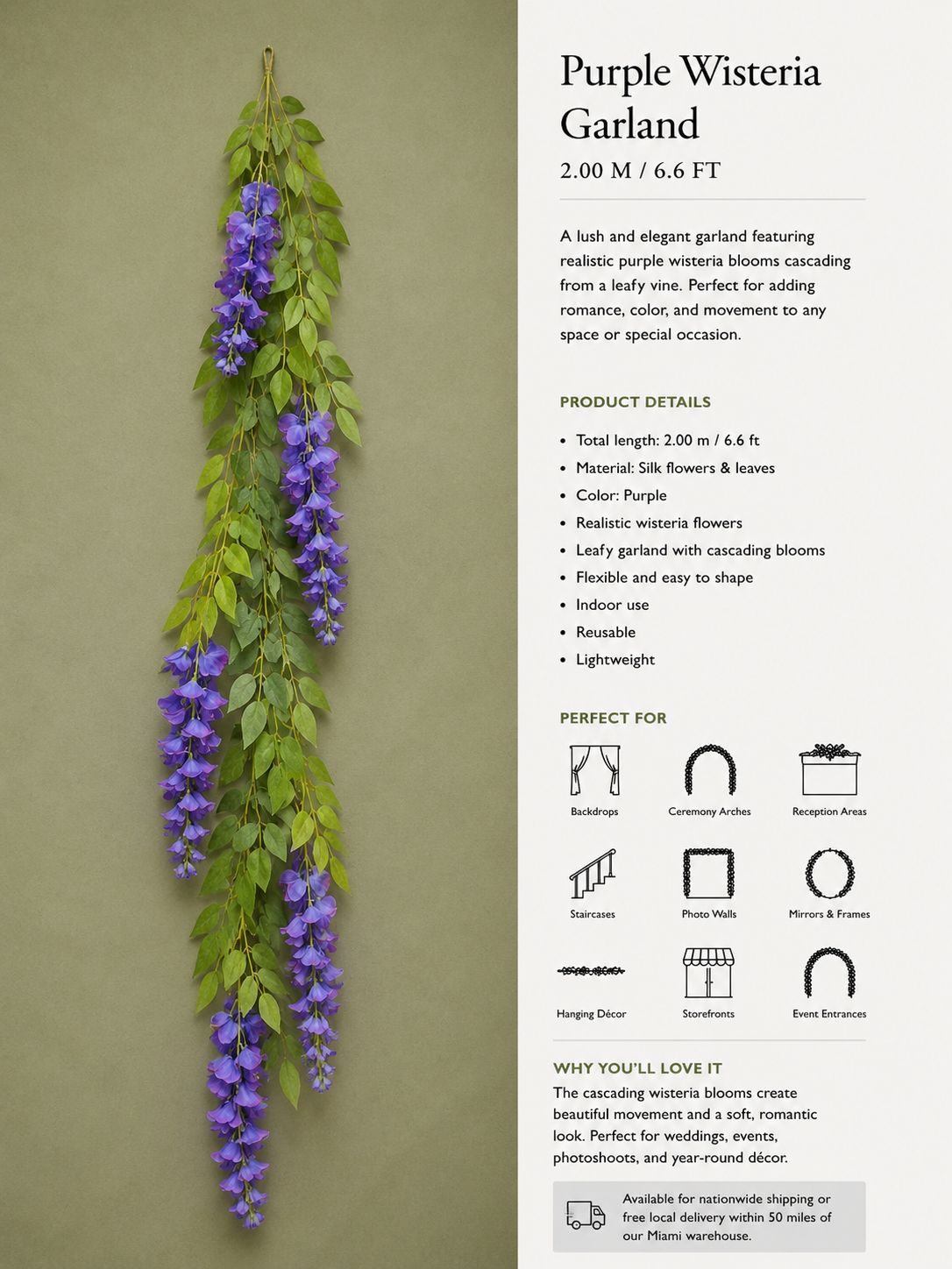 6.6ft Wisteria Flower Garland | Artificial Hanging Vines for Weddings & Events