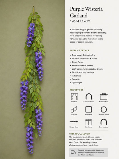 Premium Real-Touch Wisteria Flower Garland (6.6ft) – Artificial Cascading Vine