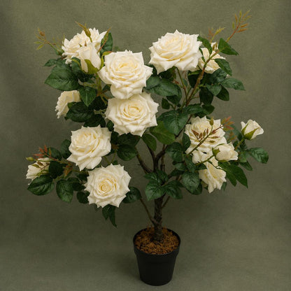 Faux White Rose Tree in Pot (80cm) – Premium Blooming Artificial Topiary Tree