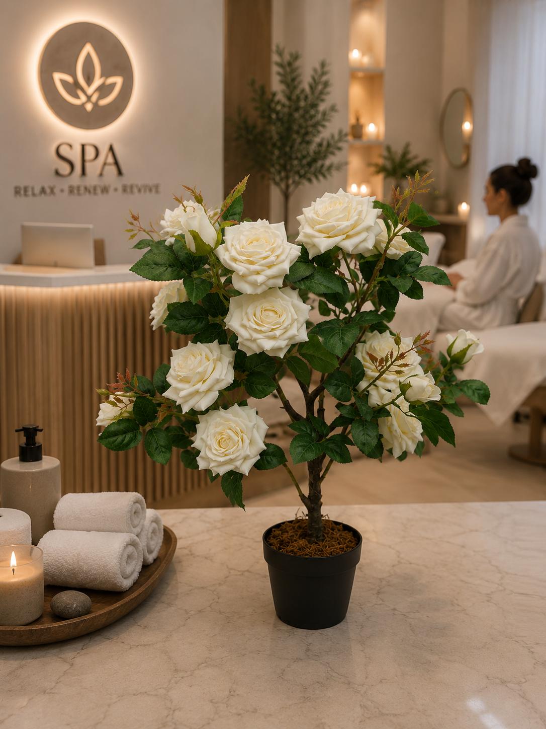 Artificial White Rose Plant in Pot – Realistic Faux Roses for Spa, Reception & Home Decor