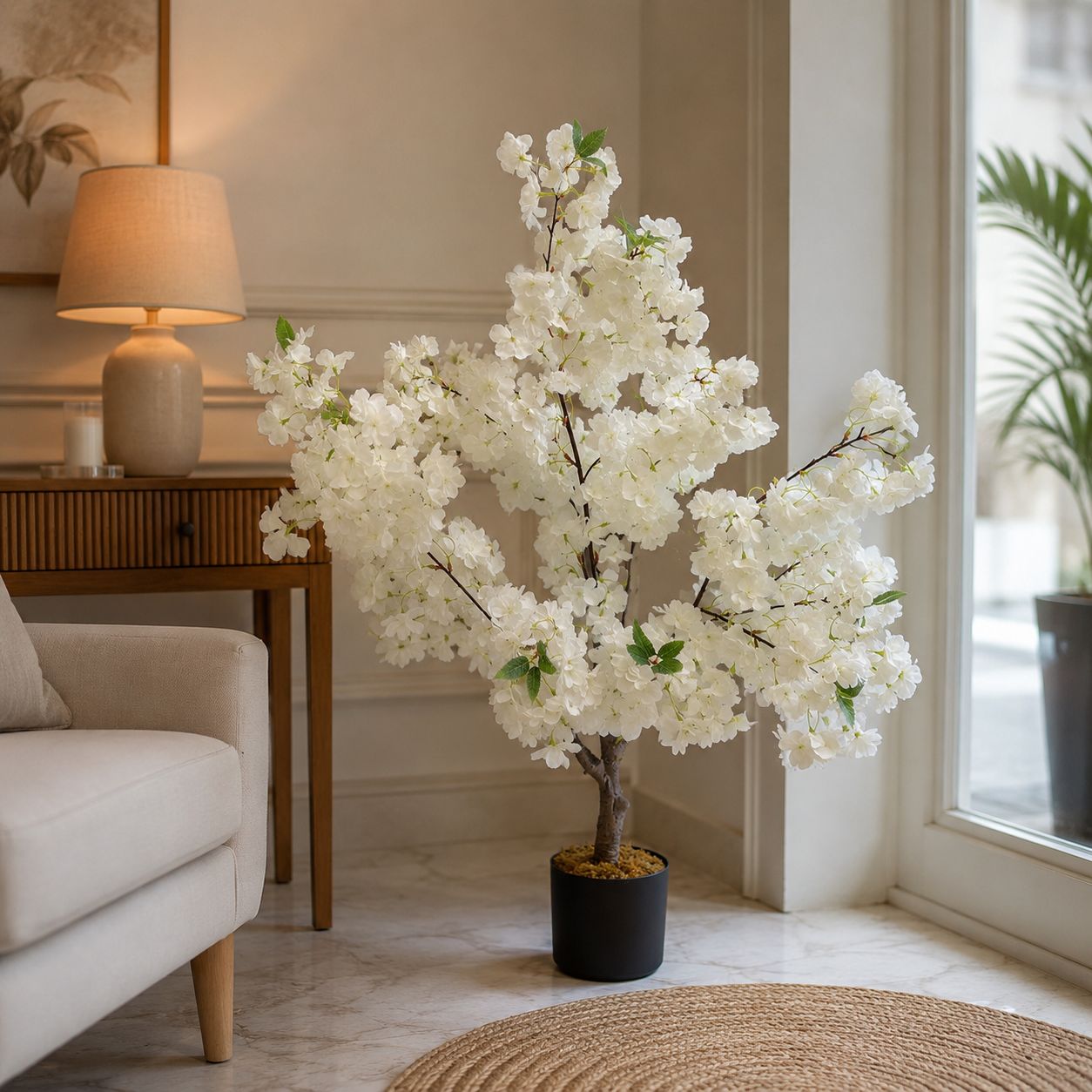 Artificial White Cherry Blossom Tree in Pot – 39 in Faux Blooming Tree