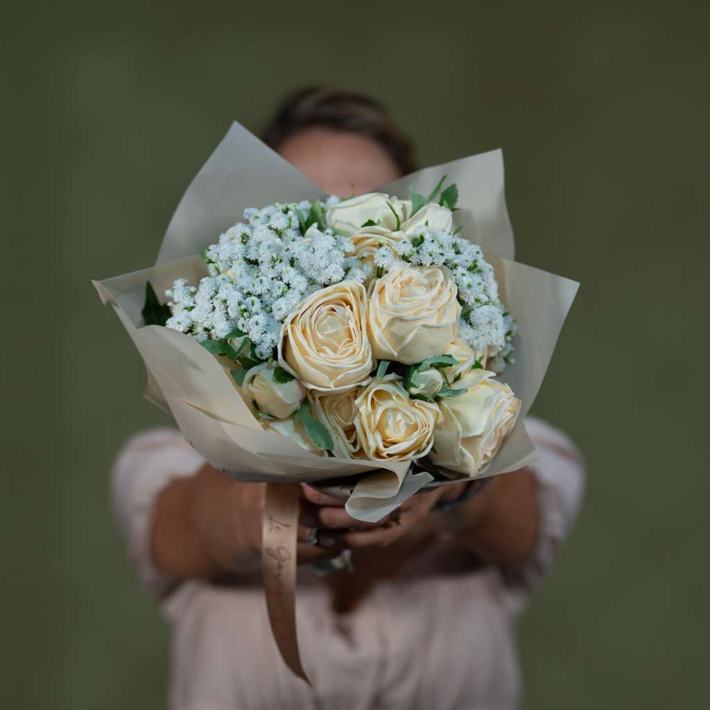 Real Touch Rose Bouquet – Luxury Ivory & Blush Arrangement | 25cm Premium Floral Decor