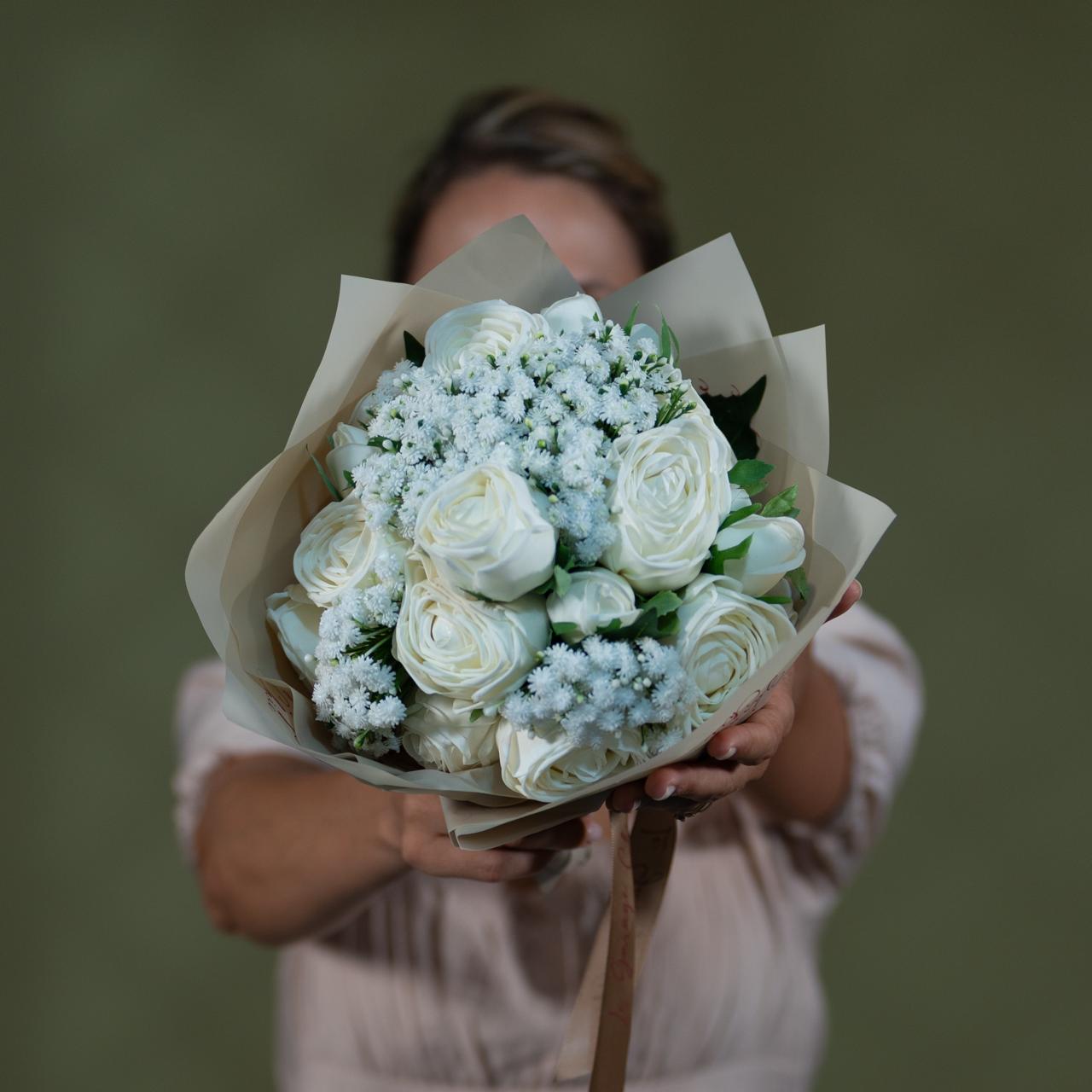 Real Touch Rose Bouquet – Luxury Ivory & Blush Arrangement | 25cm Premium Floral Decor