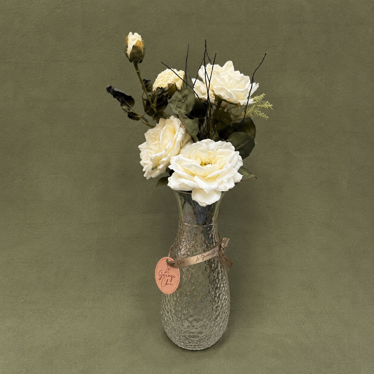 Rose Arrangement in Vintage Glass Bottle Vase
