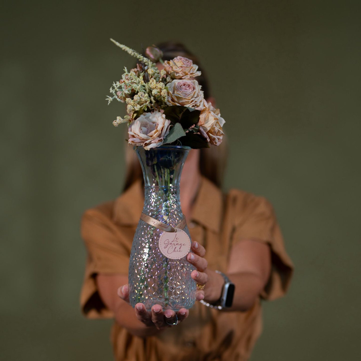 Rose Arrangement in Vintage Glass Bottle Vase