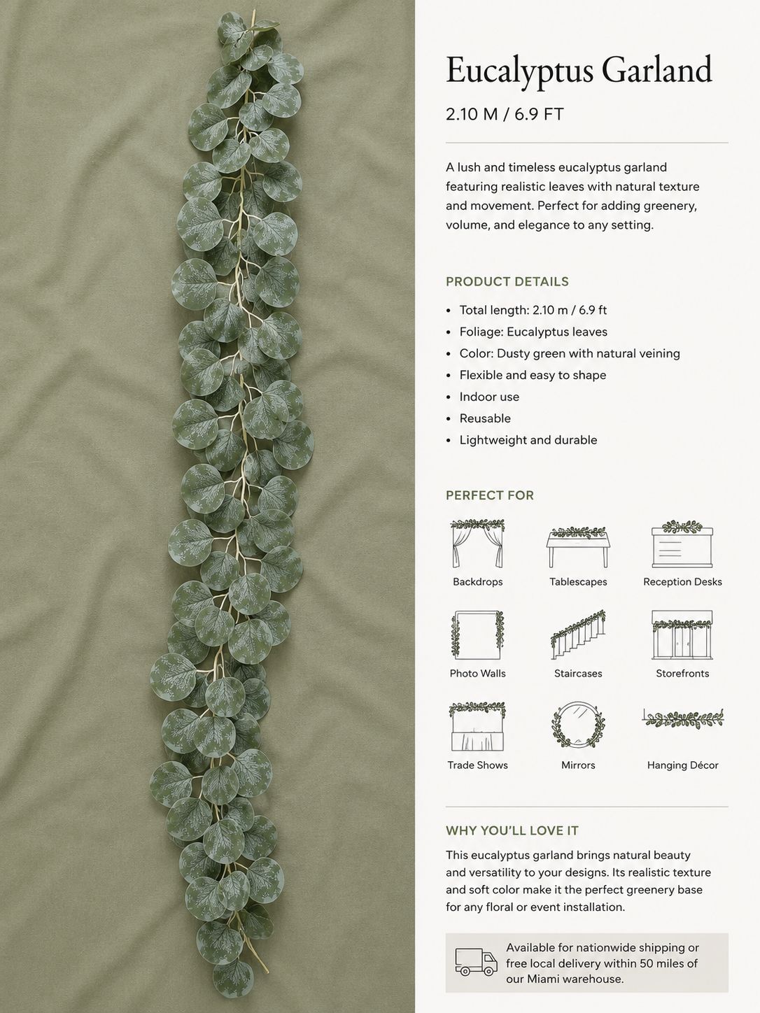 Artificial Eucalyptus Garland – 6.9 ft | Dusty Green Hanging Vine