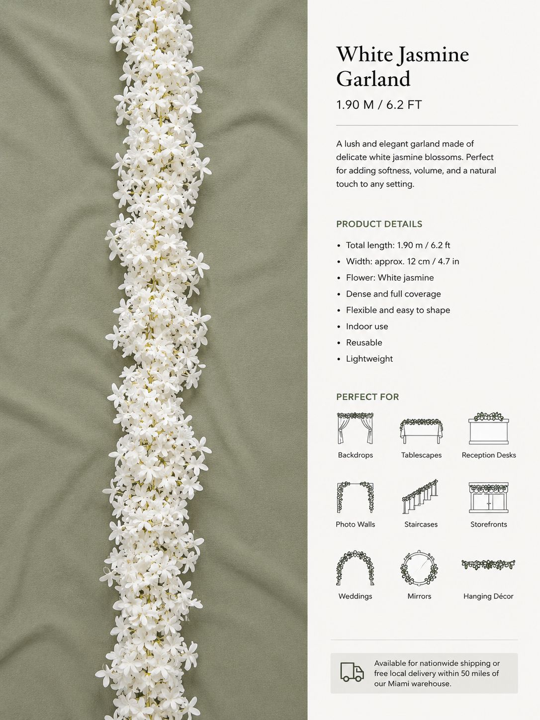 White Jasmine Garland – 6.2 ft | Artificial Floral Hanging Vine