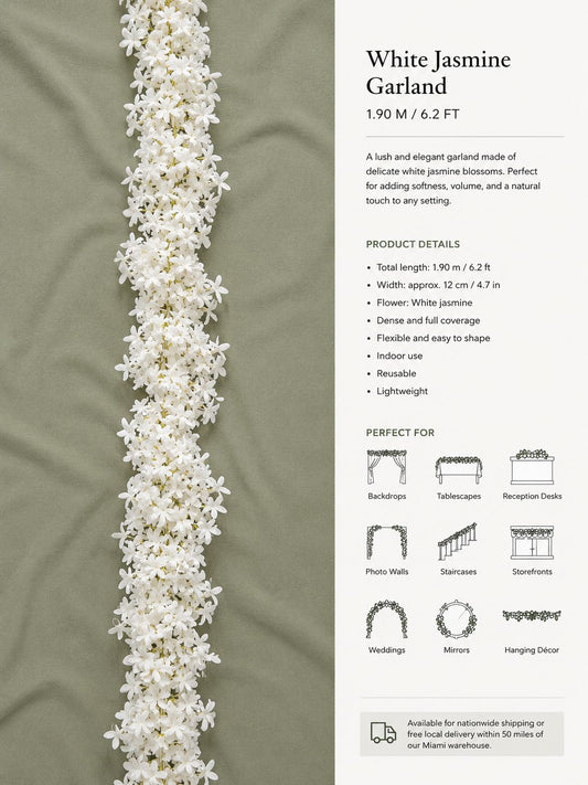 White Jasmine Garland (6.2ft) – Premium Real-Touch Artificial Floral Greenery Runner