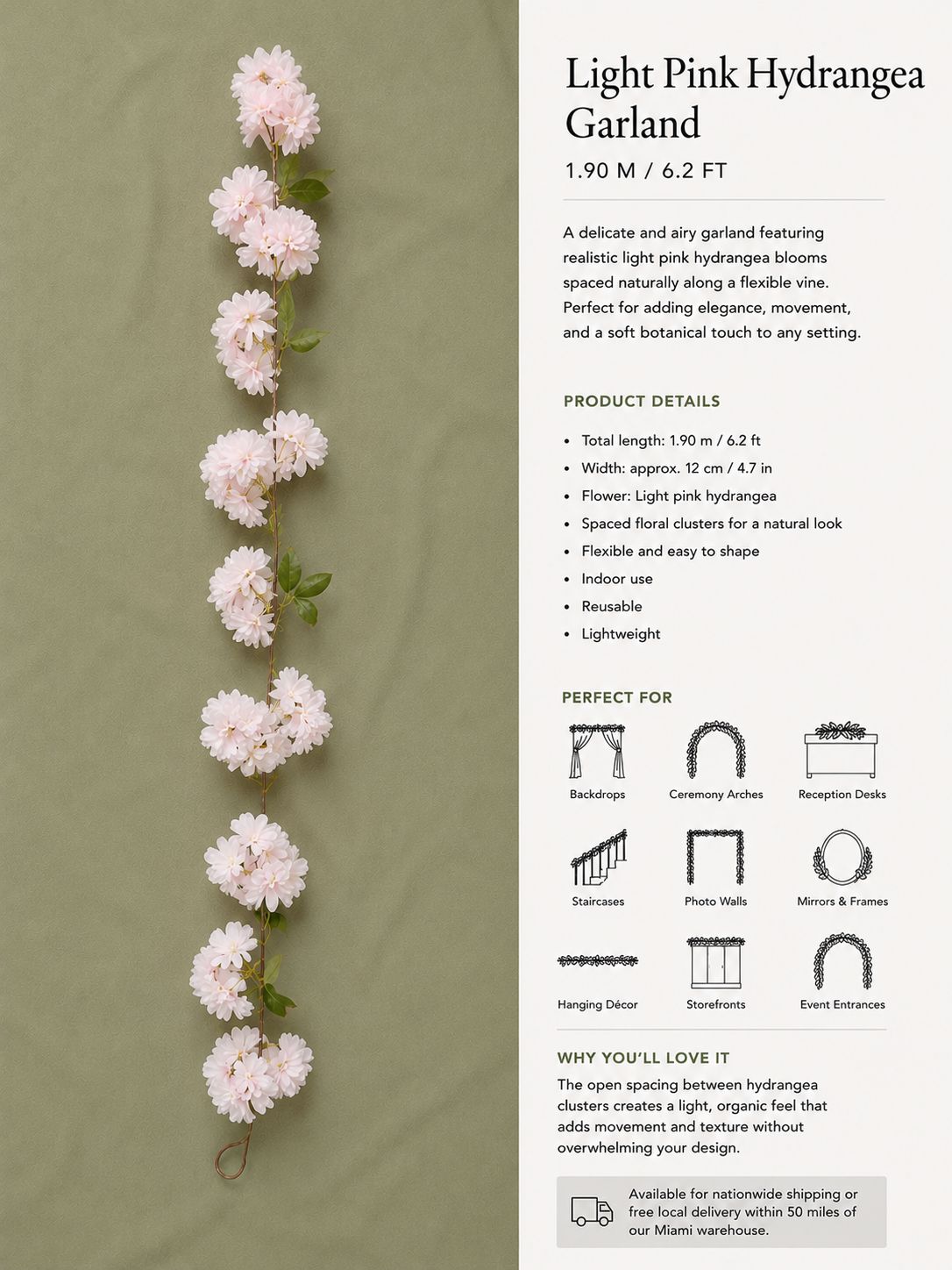 White & Pink Hydrangea Garland – 6.2 ft | Artificial Floral Vine