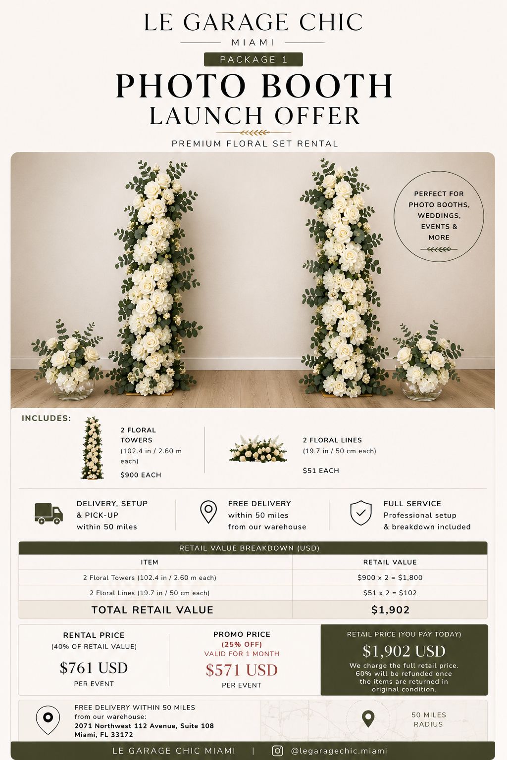 Luxury Floral Installation for Photo Booth Rentals in Miami