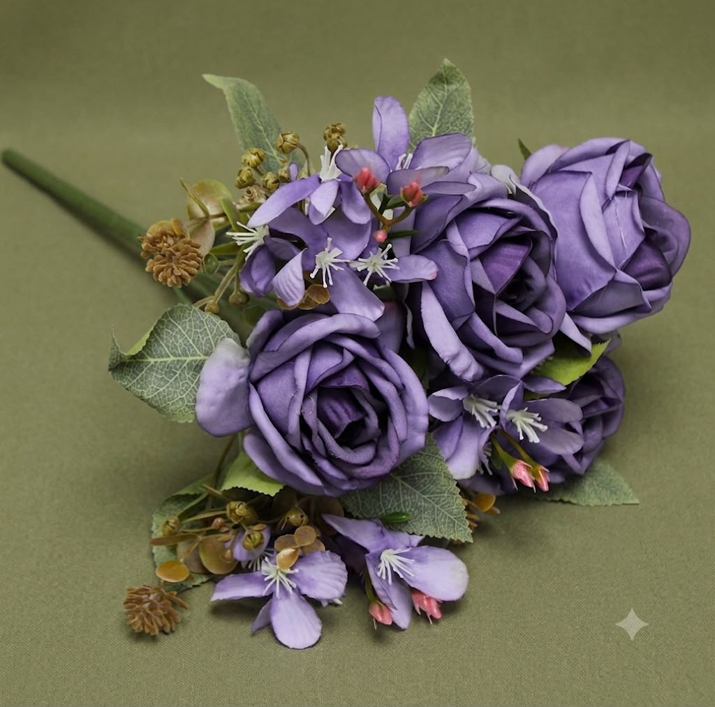 Premium Artificial Rose Floral Bouquet - Realistic Silk Flowers | Purple, Blue, Pink, White - Le Garage Chic