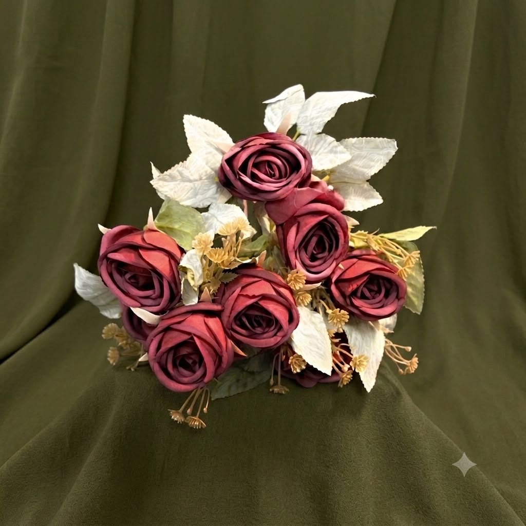 Burgundy, Terracotta & Cream Vintage Rose Bouquet – Premium Artificial Centerpiece