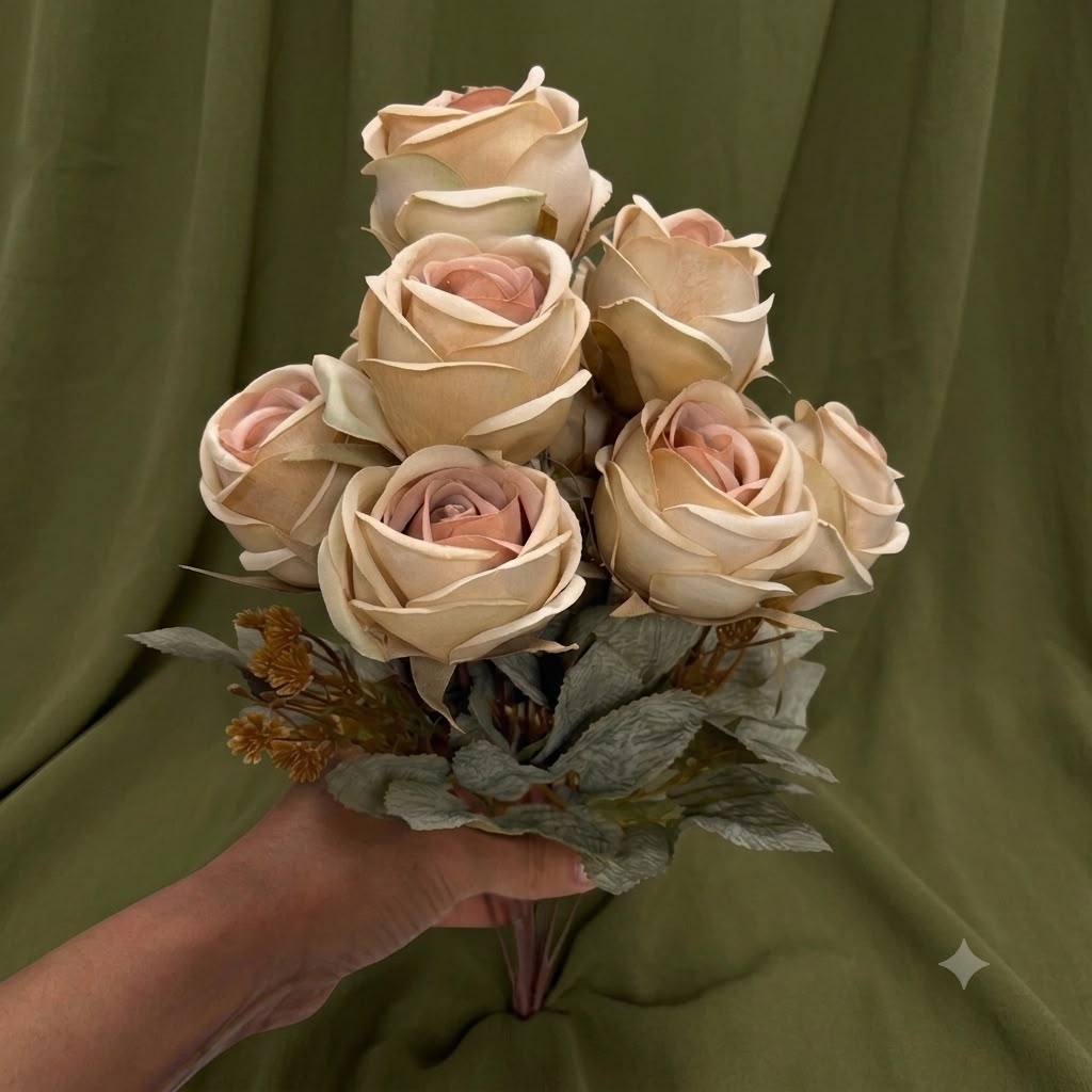 Burgundy, Terracotta & Cream Vintage Rose Bouquet – Premium Artificial Centerpiece