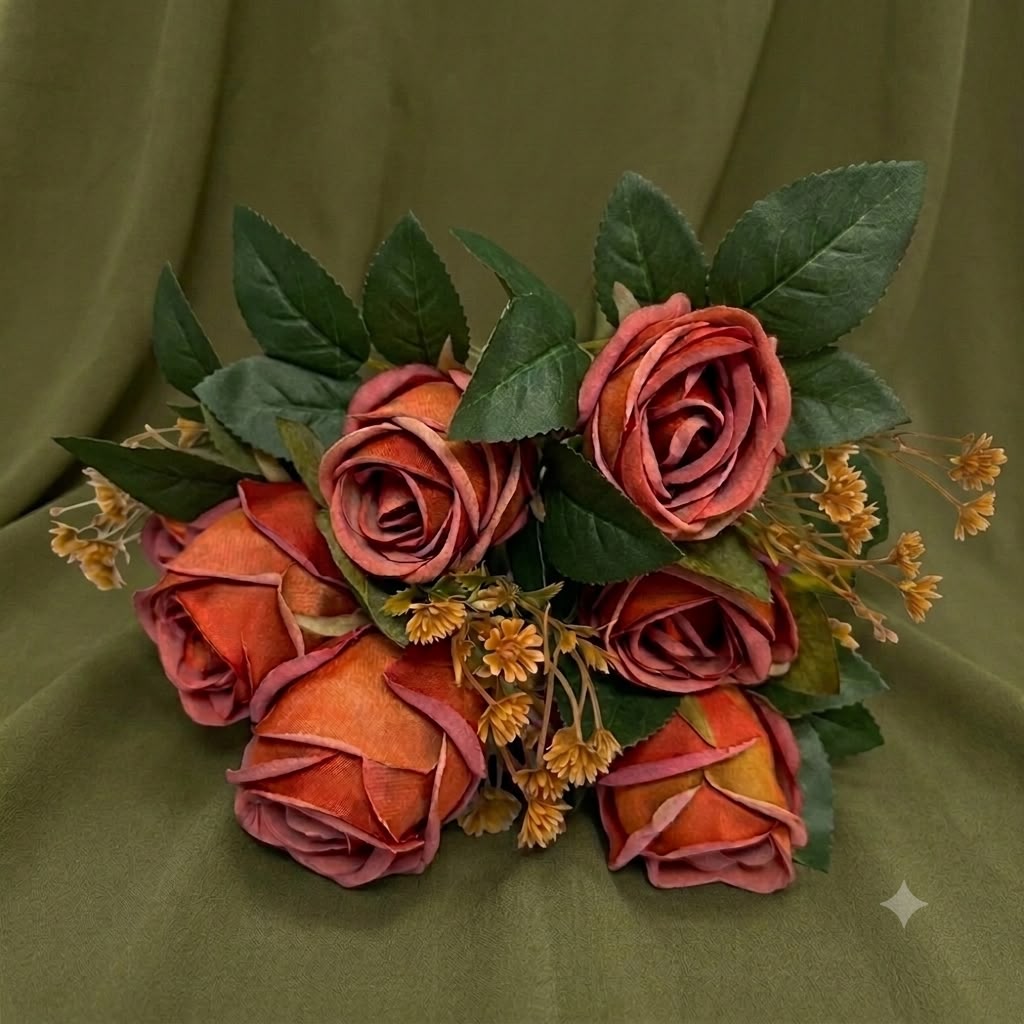 Burgundy, Terracotta & Cream Vintage Rose Bouquet – Premium Artificial Centerpiece