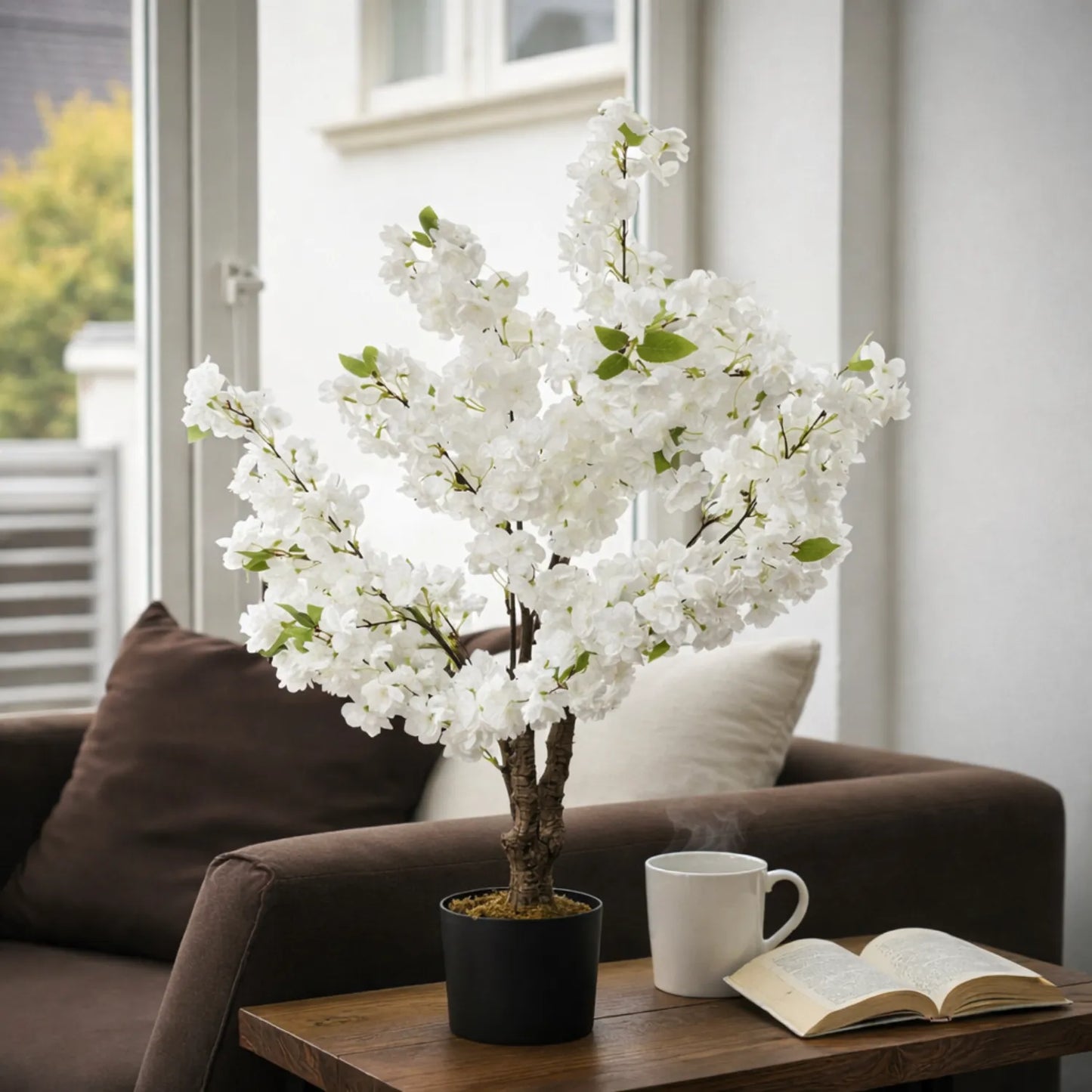 Potted white flowering tree on a coffee table with a cup and book in a living room.