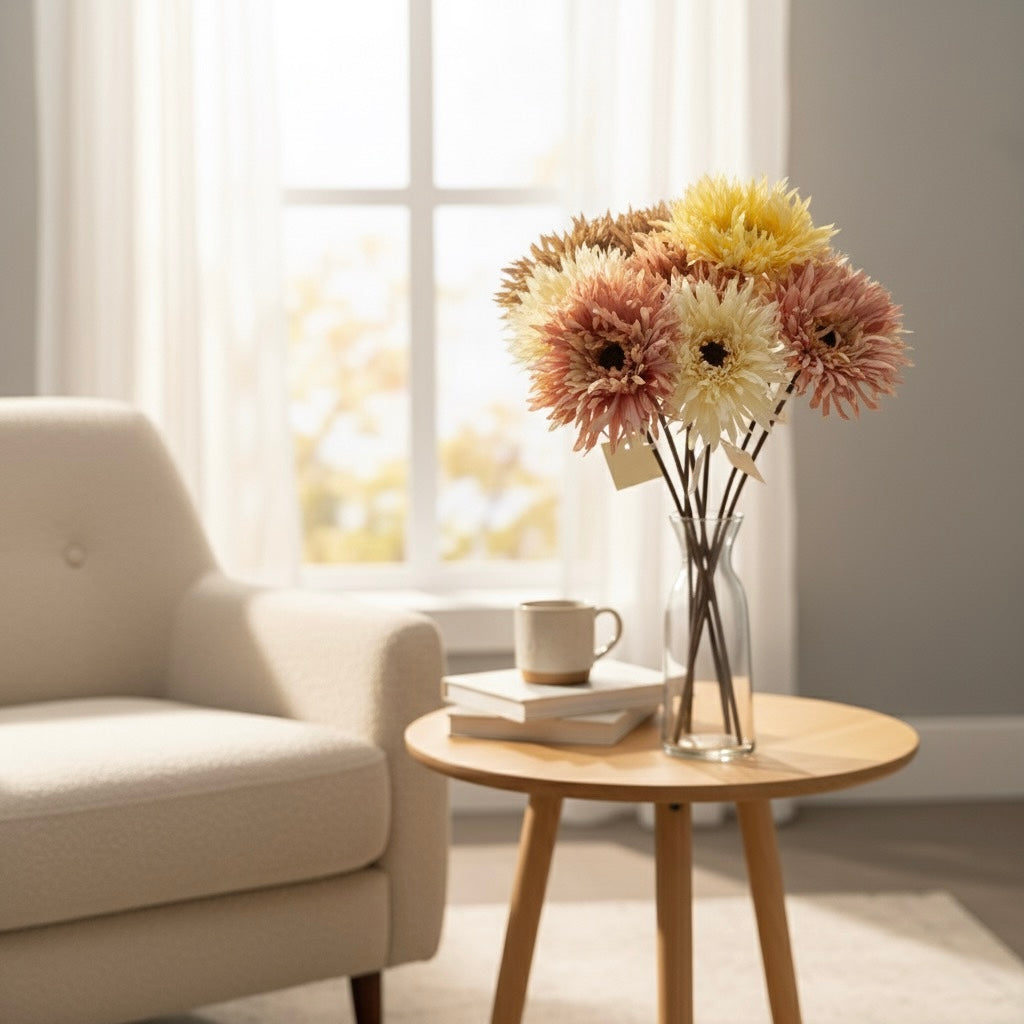 Floral arrangement in a vase on a wooden side table with a cup and books, in a room with a window and chair.