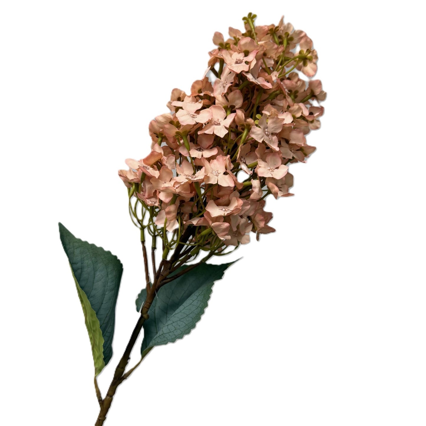 Artificial flower branch with pink flowers and green leaves on a white background