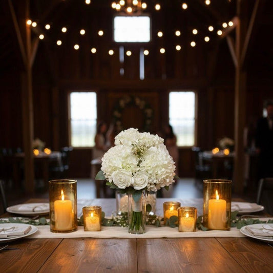 Decorated table with white flowers and candles in a rustic setting
